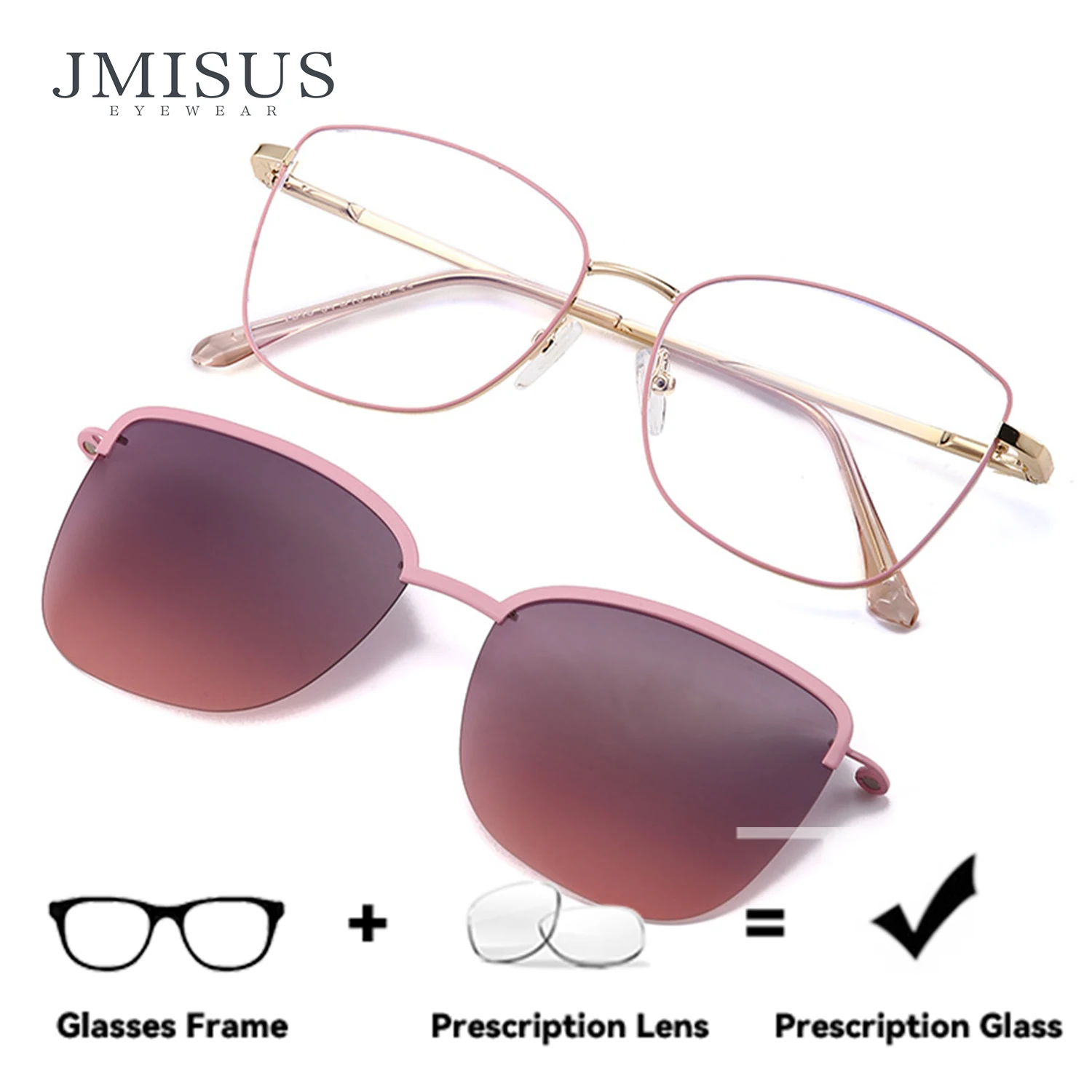 JMISUS Square Clip on Prescription Glasses Ultralight Metal Blue Light Blocking Photochromic Grey Optical Eyewear for Woman