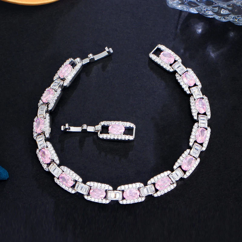 

ThreeGraces High Quality Pink Cubic Zirconia Silver Color Link Chain Bracelet for Women New Trendy Party Costume Jewelry BR265