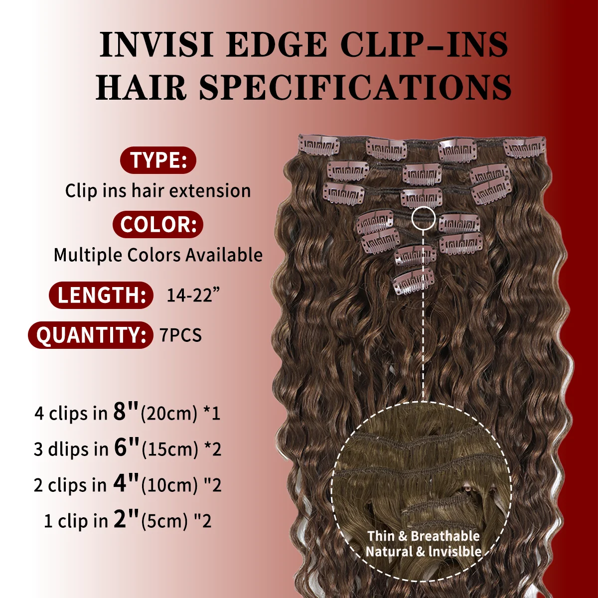12A Water Wave Human Hair Clip In Extensions 7Pcs/Set #4 Chocolate Brown Wet & Wavy Remy Hair 14-24 Inch