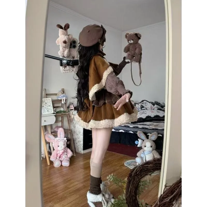 الشتاء اليابانية Kawaii لوليتا المرأة الدعاوى الحلو التخسيس 2 قطعة مجموعة اللون حجب فستان متقلب معطف الرأس ملابس امرأة