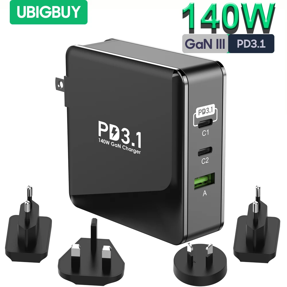 

Зарядное устройство Ubigbuy 140 Вт PD3.1, 3-портовое зарядное устройство GaN3 USB C 100 Вт 65 Вт, настенное зарядное устройство, адаптер питания для MacBook iPhone 14 Pro Galaxy S23 Dell XPS