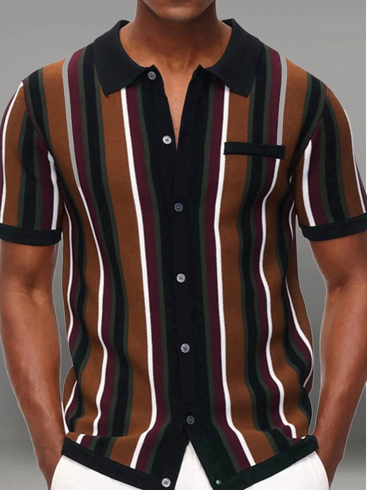 2022 Summer Short Sleeve Knitted Polo Shirt Casual Men Button-up Turn-down Collar Tops Mens Fashion Striped Polos Man Streetwear