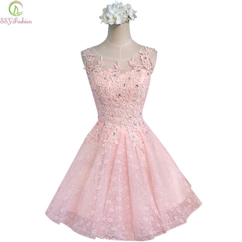 Ausverkauf Süße Cocktailkleider für Frauen Bankett Rosa Spitze Kurzes Abendkleid Party Formale