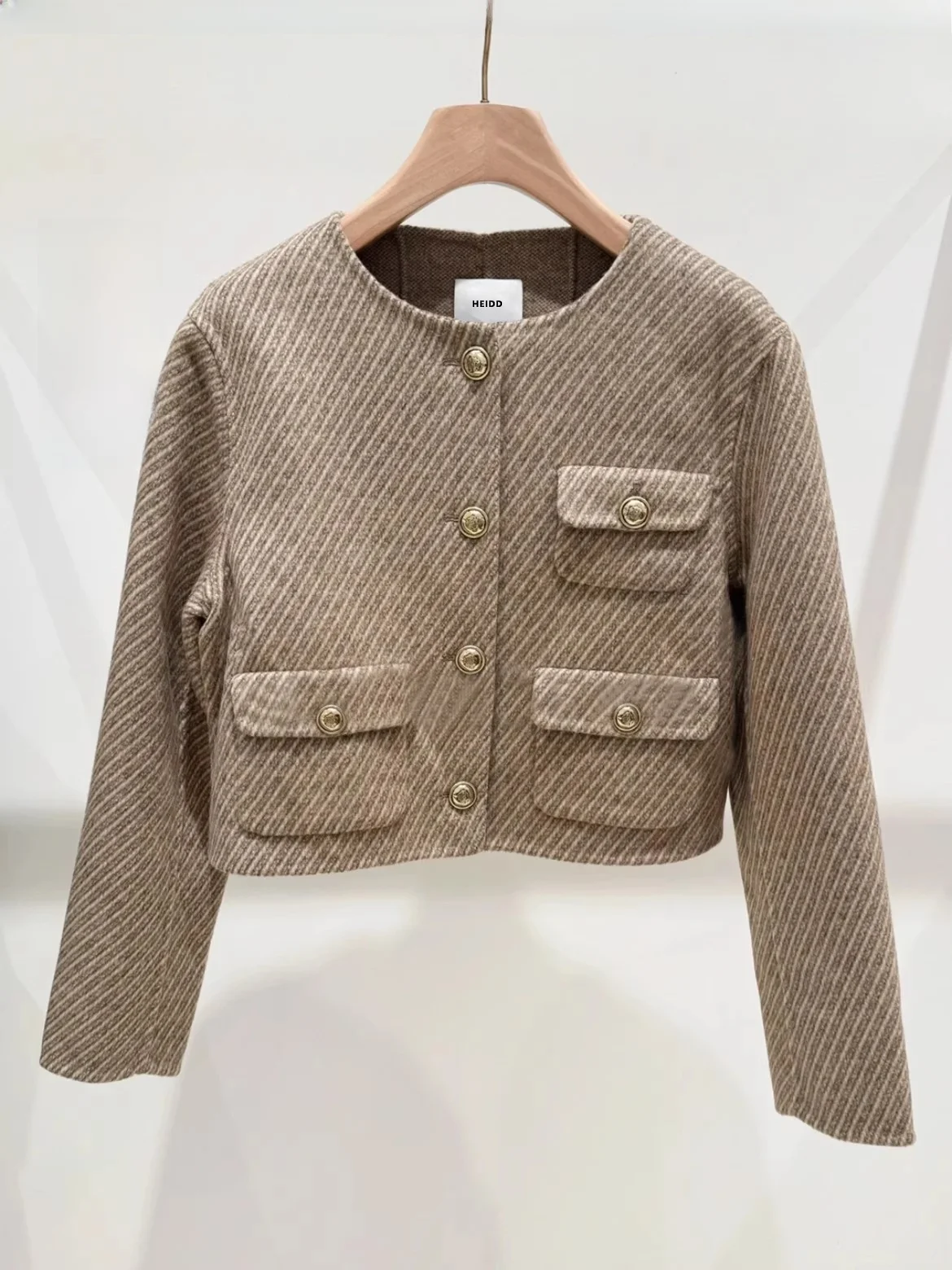 

Классическое женское хлопковое пальто HEIDD ort Jaet 2025 Autumn, круглый вырез, длинный рукав, твид, многослойное, элегантное, модное