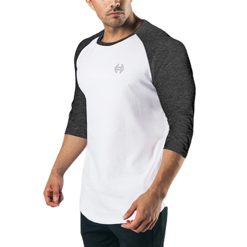 Mens Slim Fit Sports T-Shirts Cotton Elastic Fabric Three Quarter Sleevess Gym Workout Tee Comfortable Running Top Athletic Wear
