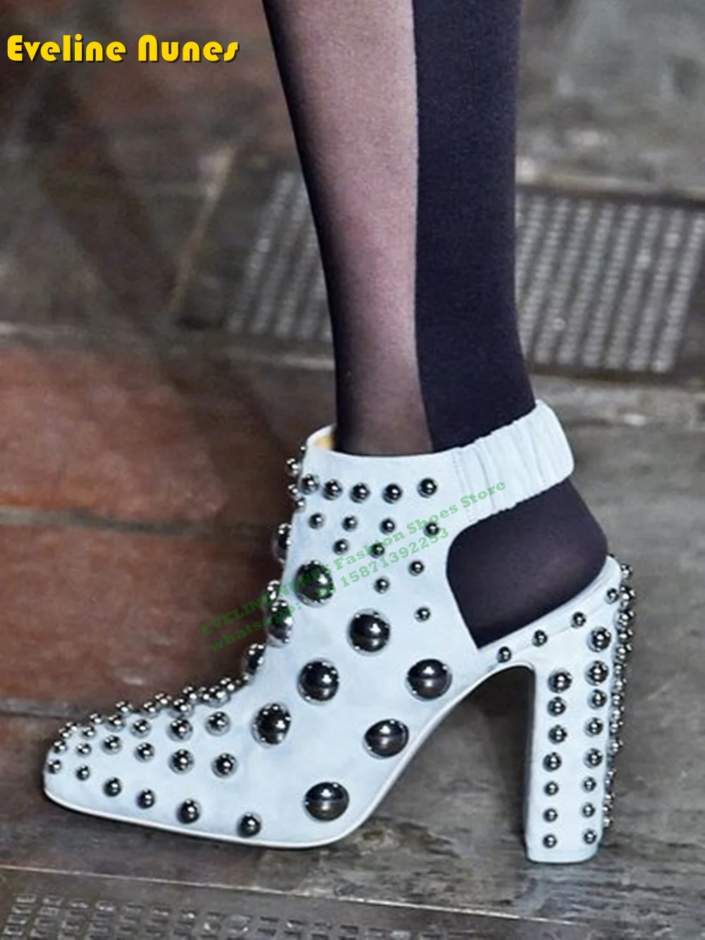 White Studded Rivet Fashion Ankle Boots Square Toe Block Heels Elastic Band Cut Out Patchwork Women' Luxury Shoes Plus Size 2024