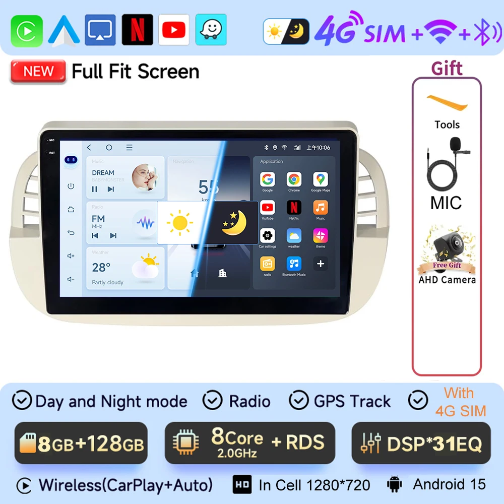 JIUYIN 9 "Android 15 Autoradio Voor FIAT 500 2007-2015 Multimedia Draadloze CarPlay Android Auto GPS Navigatie 4G Stereo Scherm