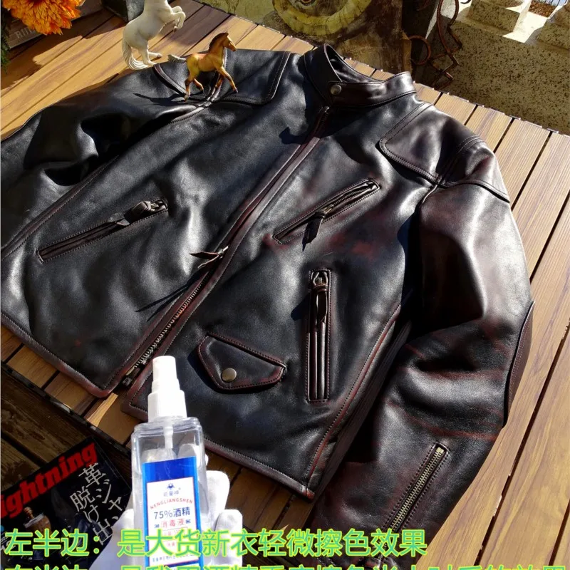 

Lightly hand-wiped old leather clothes made of vegetable-tanned tea core coat