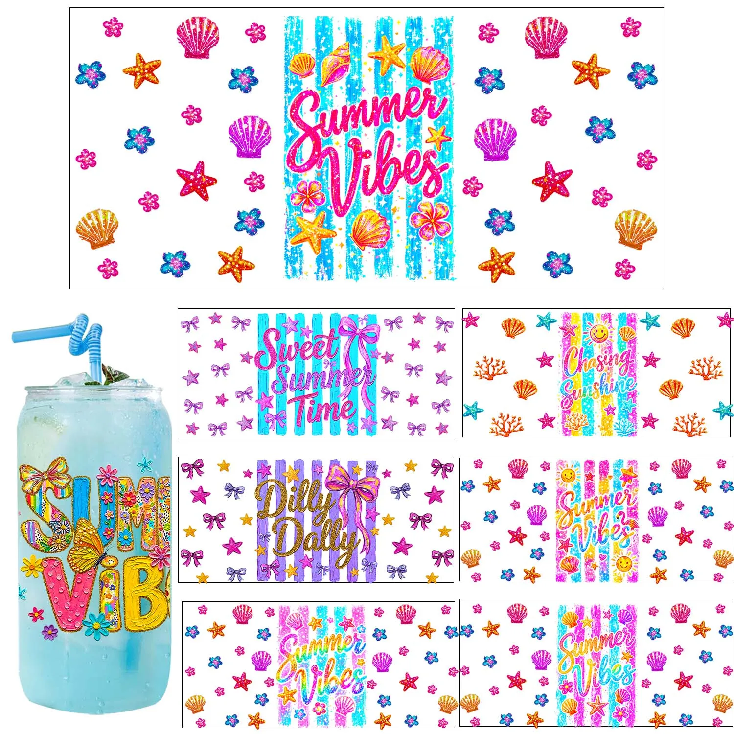 

1/5pcs bundle Summer Vibe Style UV Sticker Party DIY Decals 3D transfers uvdtf tumbler seal stickers 16oz uv dtf cup wraps