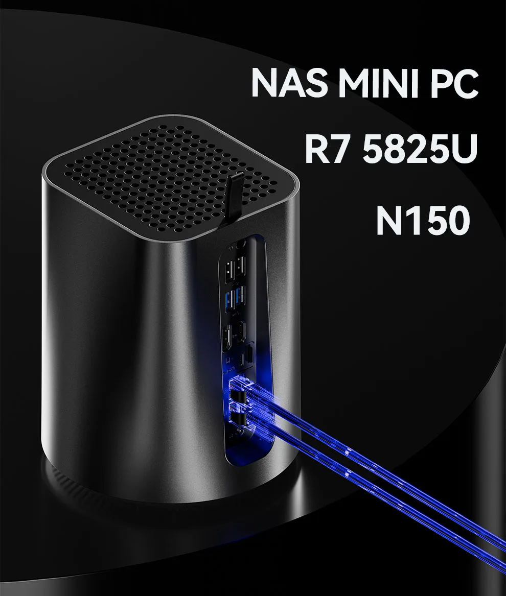 Inter N150/AMD RYZEN7 5825U NAS Mini PC DDR4 RAM M.2 NVME WiFi6 Support Desktop for Home with 2xRJ45 1xHDMI 5xUSB Win11 Ready