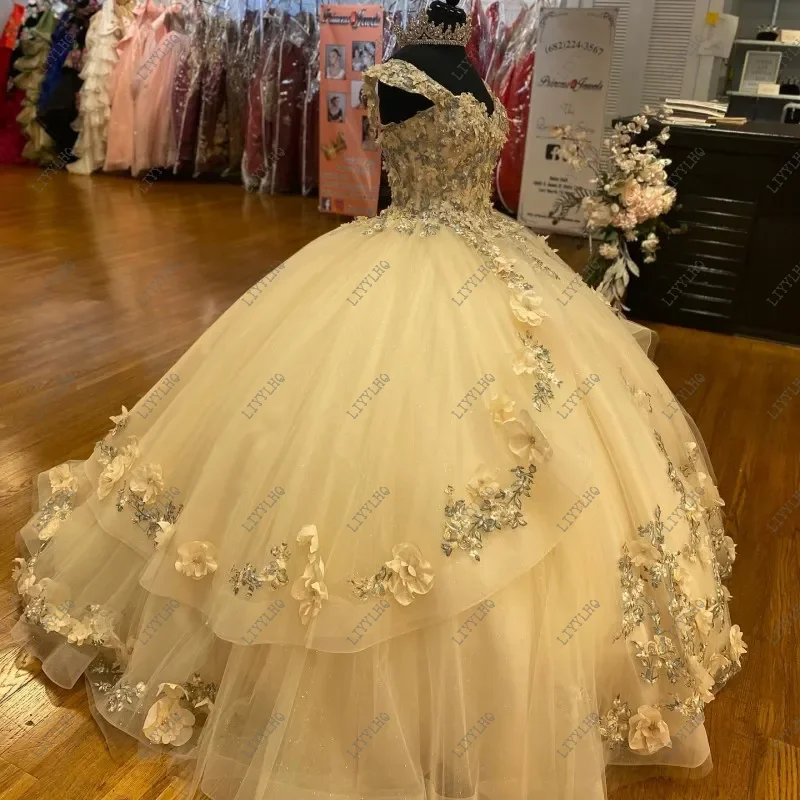 Gaun Pesta Putri Bunga 3D Krem Mewah Gaun Quinceanera Sayang Applique Pesta Ulang Tahun Manis 16 Vestidos De 15 Anos Panjang