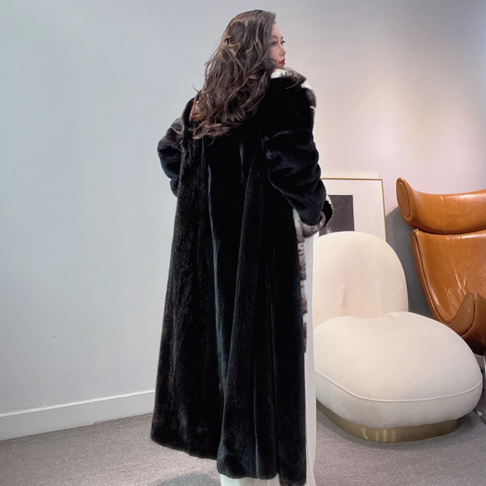 Denny&Dora Women's Mink Fur Coat Black Fur Coat Long Coat With Big Lapel Collar