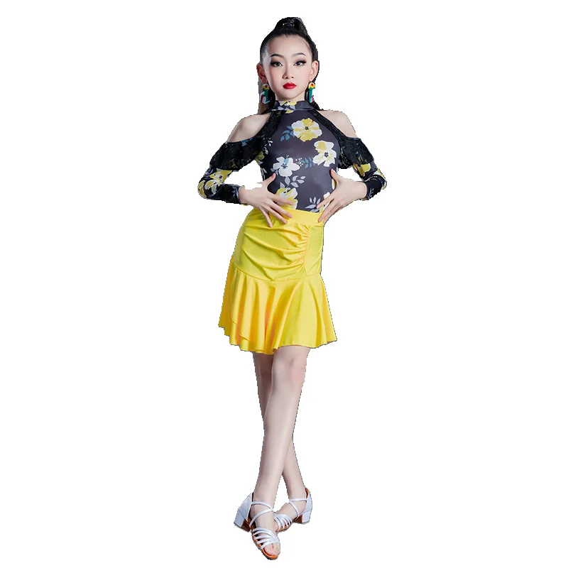 Girls Printing Latin Dance Dress Practice Set Summer Standard Art Test Split Dance Skirt Suit Performance Competition Dance Wear
