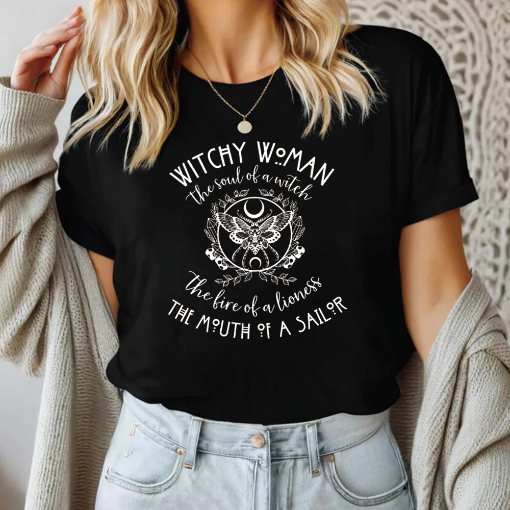 Witchy Woman T-shirt Halloween Witch Shirt Retro Spiritual Tshirt Mystical Witchcraft Short Sleeves Casual Tops Halloween Gift