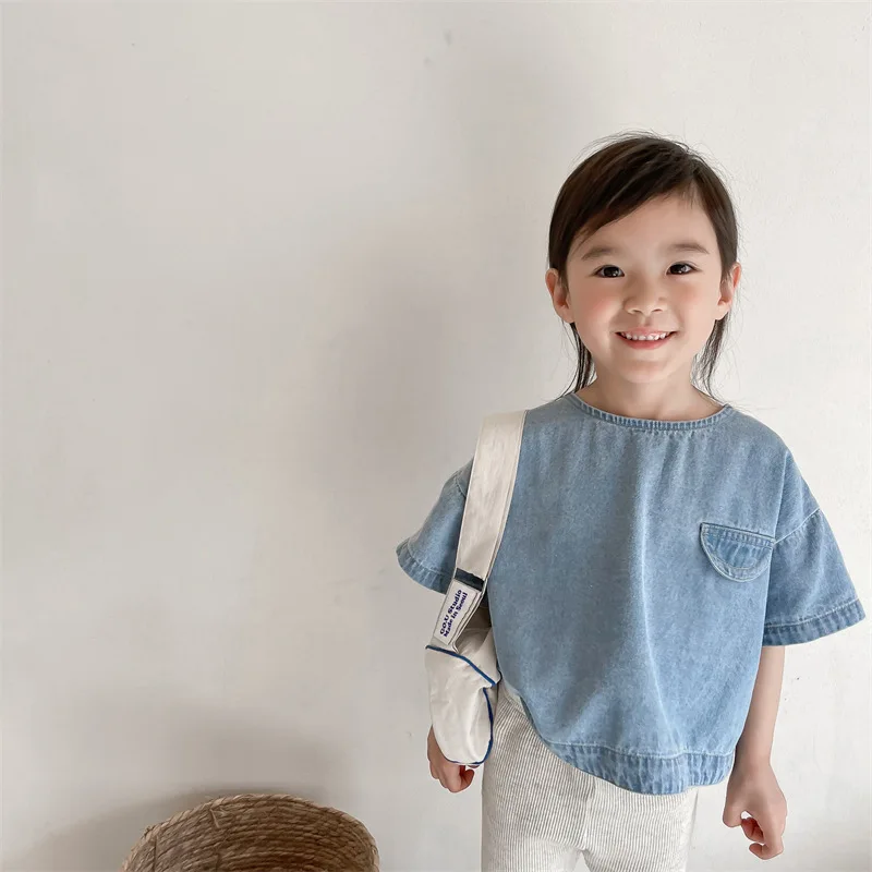 Blusa de manga corta para niños y niñas, camisa ancha, fina, lavada, a la moda