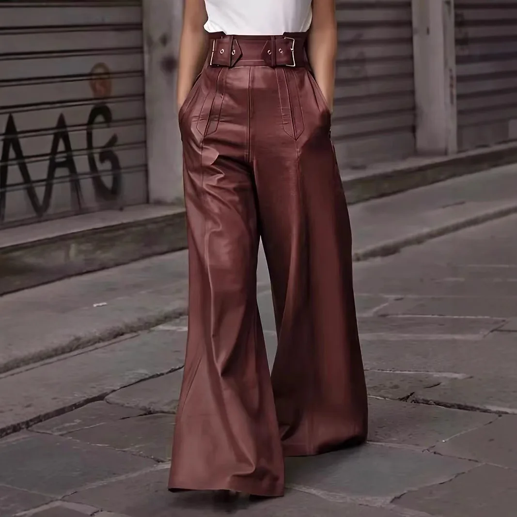 Nuevas mujeres de moda de cuero de imitación de cintura alta de pierna ancha pantalones sueltos fajas cremallera primavera fiesta Casual calle PU pantalones