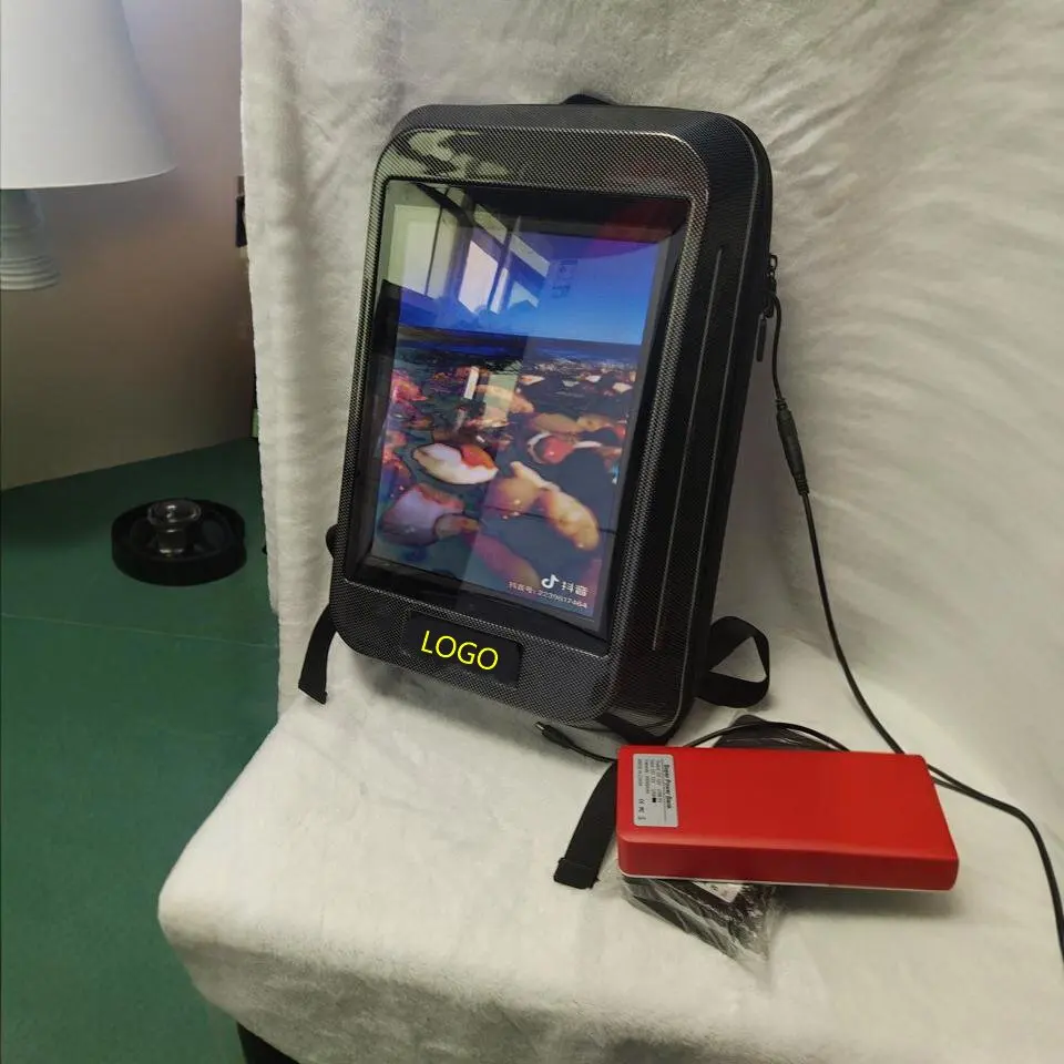 Customized Multiple Inches Smart LCD Backpack with Waterproof Material Featuring a Digital Billboard Walking Human Display