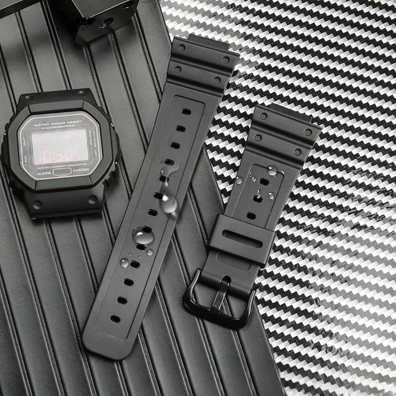 อะไหล่สายนาฬิกาสำหรับ Casio DW5600 GW-5000 5035 GW-M5610ซิลิโคนผู้ชายขนาด16มม. พร้อมอินเตอร์เฟซที่นูนและรูปแบบสี่เหลี่ยมจัตุรัส