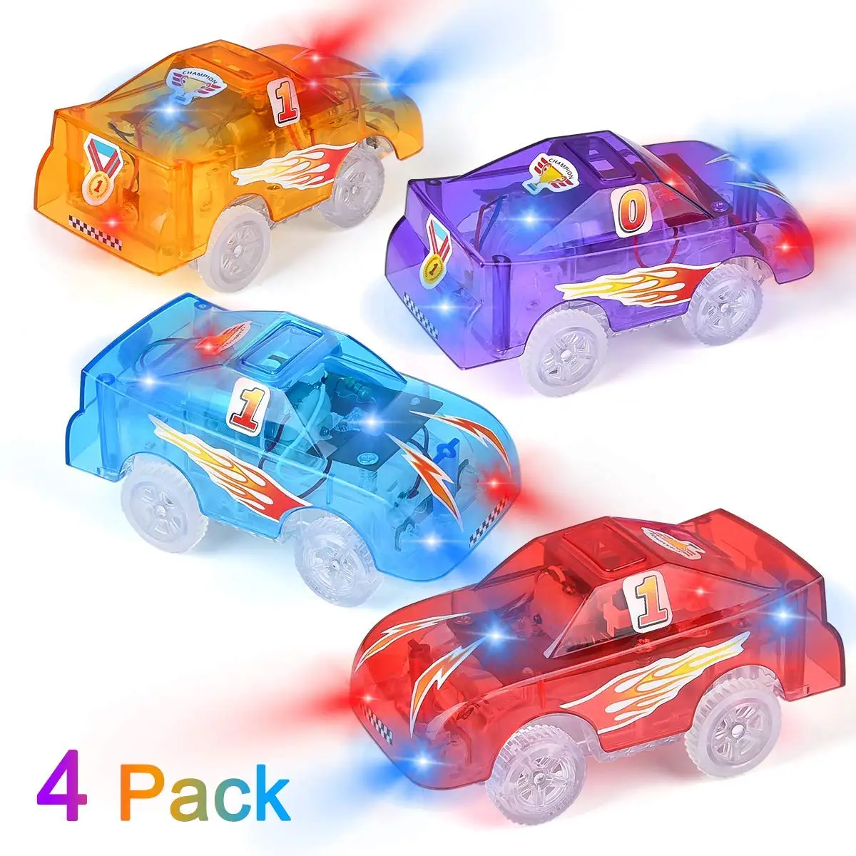 Track Cars Light Up Toy Cars with 5 LED Lights, 4 Pack Replacement Race Cars Compatible with Dinosaur Tracks and glow Tracks