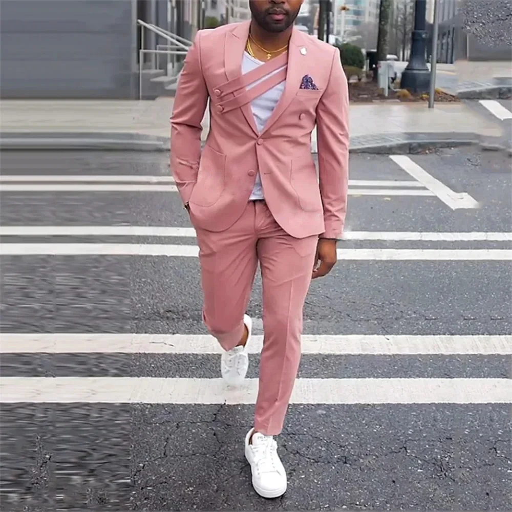 

Men Suits Pink Tuxedos Design Jacket Pants Casual Slim Fit Peak Lapel 2-Piece Wedding Groom Male Business Terno Masculino Blazer