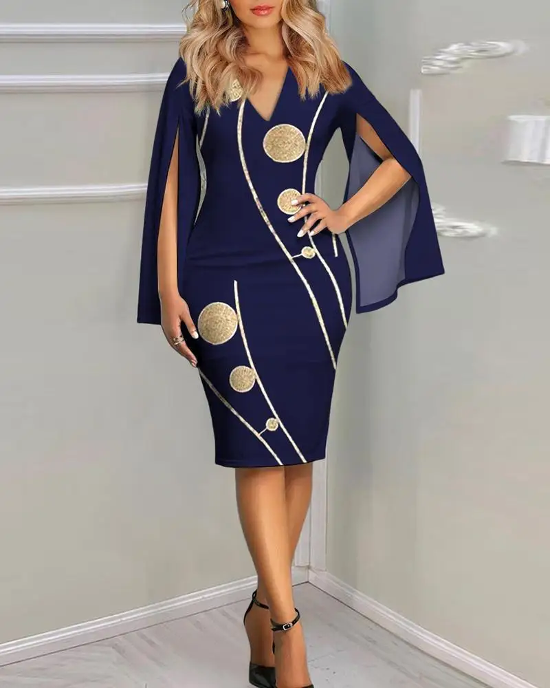 Women Round Neck Floral Print Split Flare Sleeve Bodycon Midi Dress Elegant Party Wedding Guest Dress