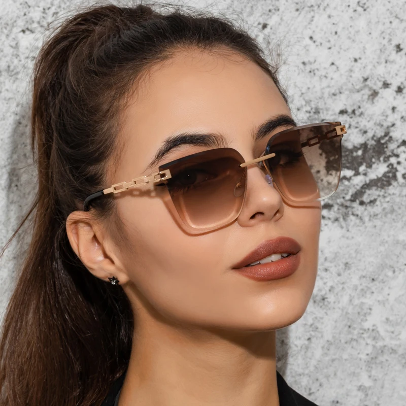 Hiking Women Rimless Alloy Cat EyeAnti Light Glasses Gradient Brown Cutting Lens Eyeglasses For Female Brand Designer Shades