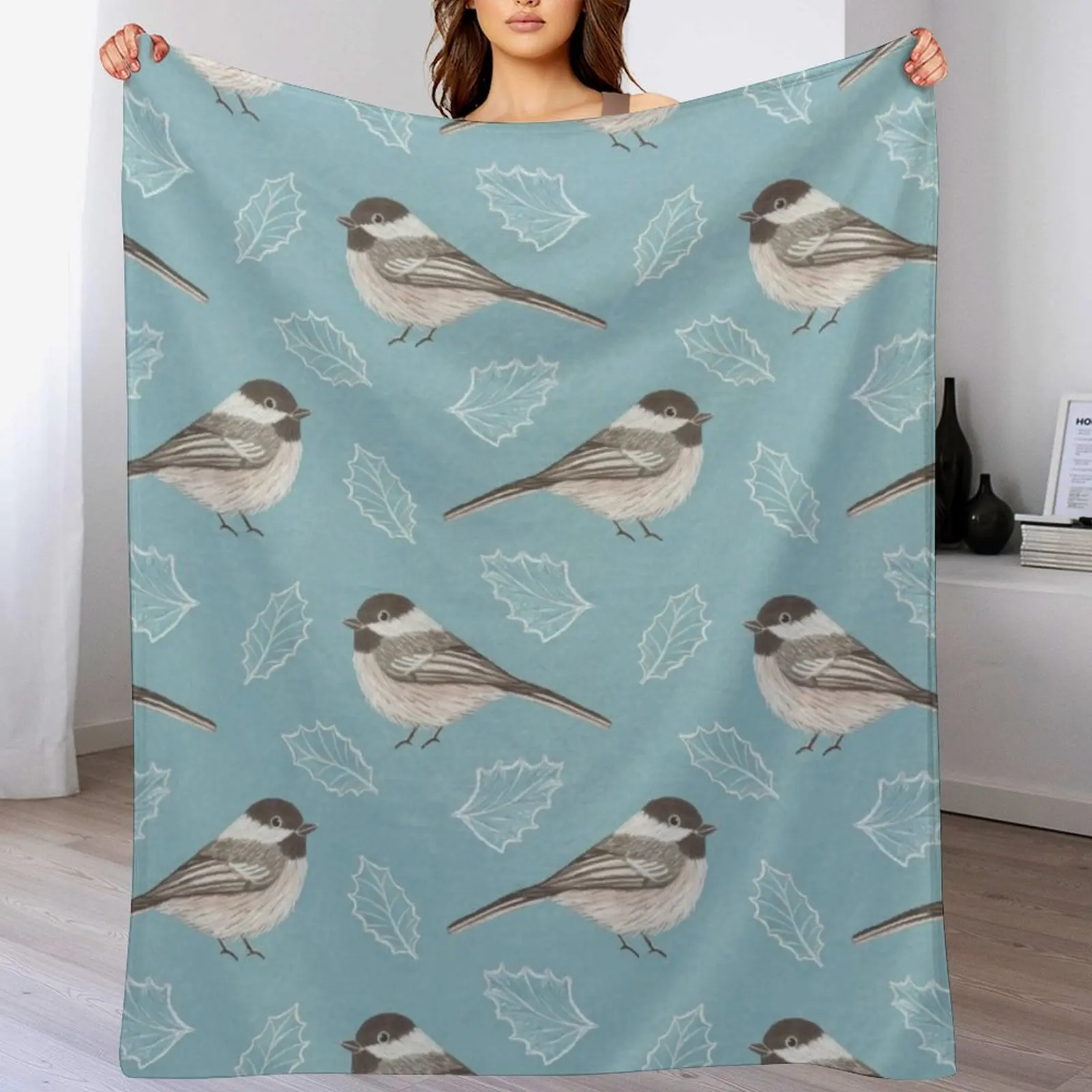 

Chickadees and Frosted Leaves Throw Blanket Hairys Luxury Personalized Gift Retros Blankets