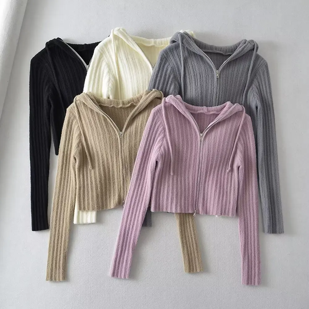 

Women's Korean-style Mohair Hooded Knitted Cardigan Slim-fit Zipper Long-sleeved Sweater Jacket Pure Color Spring New