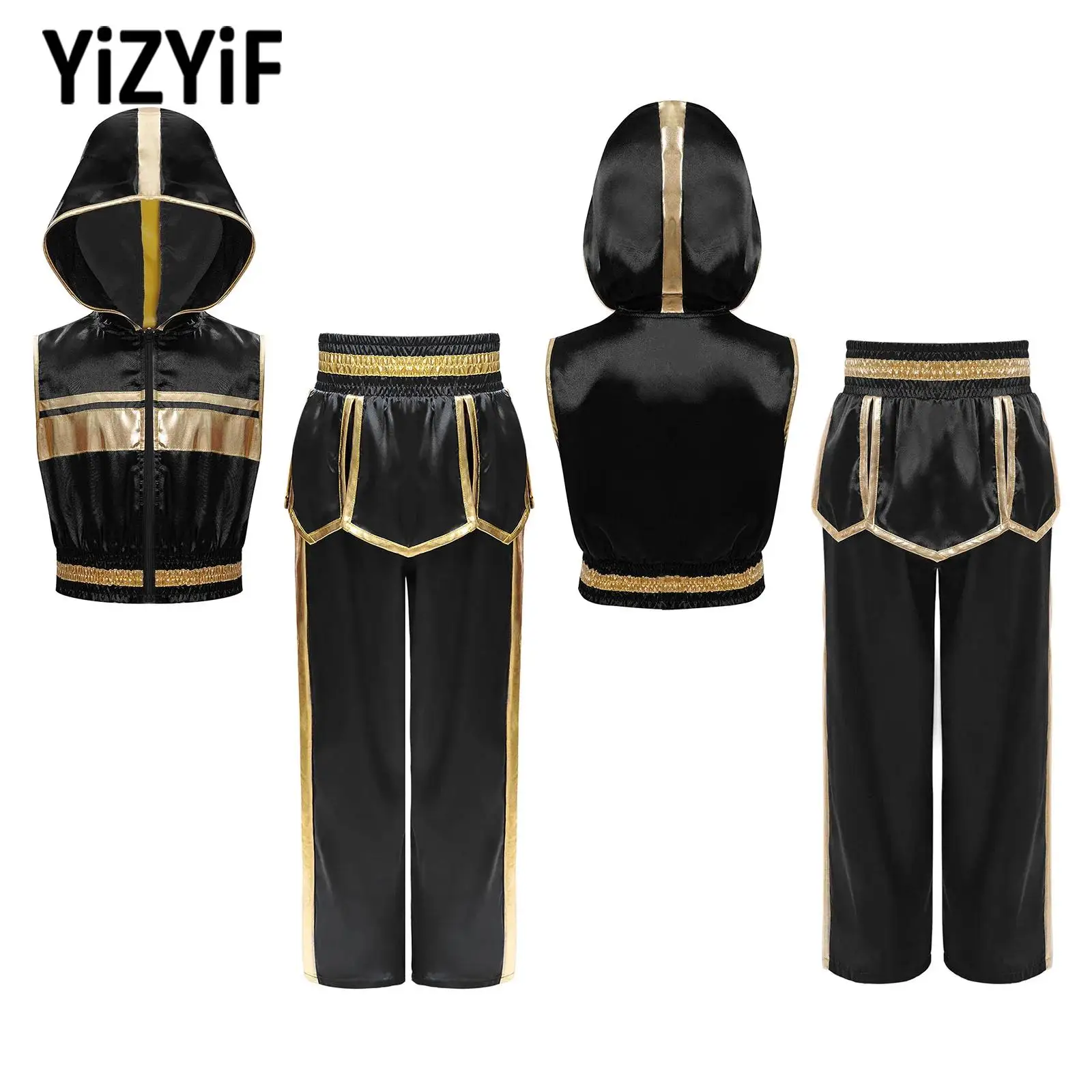 Kids Boys Muay Thai Fight Outfit Sleeveless Metallic Trim Hoodie+Pants Outfits for MMA Training Kick Boxing Class Gym Exercise