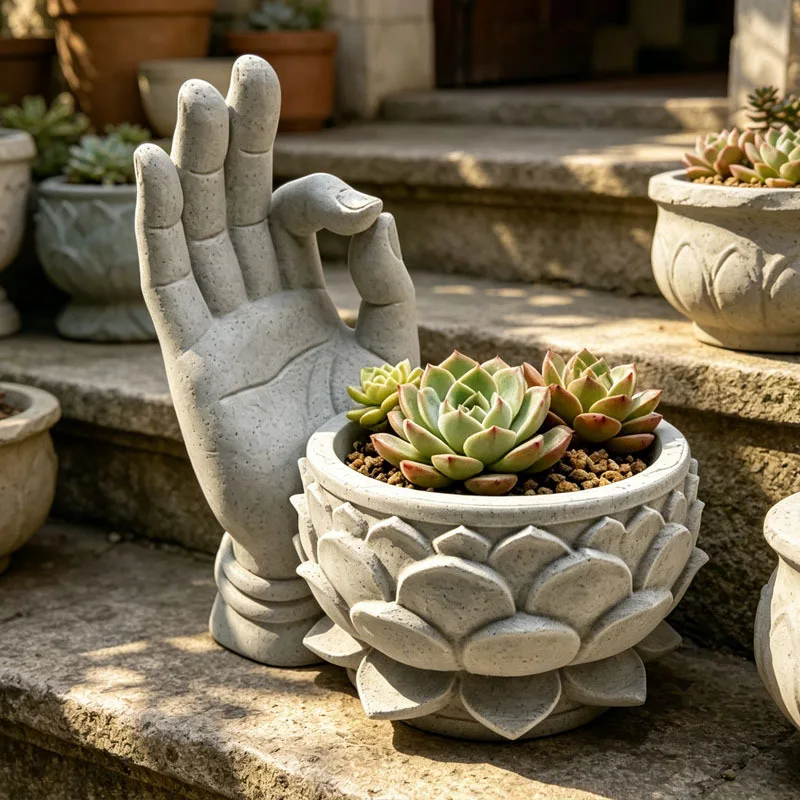 1 Piece Lotus-Shaped Flower Pot,Succulent Flower Pot, 3D Printed Buddha Hand Lotus Ok Hand Print Zen Flower Pot, Creative