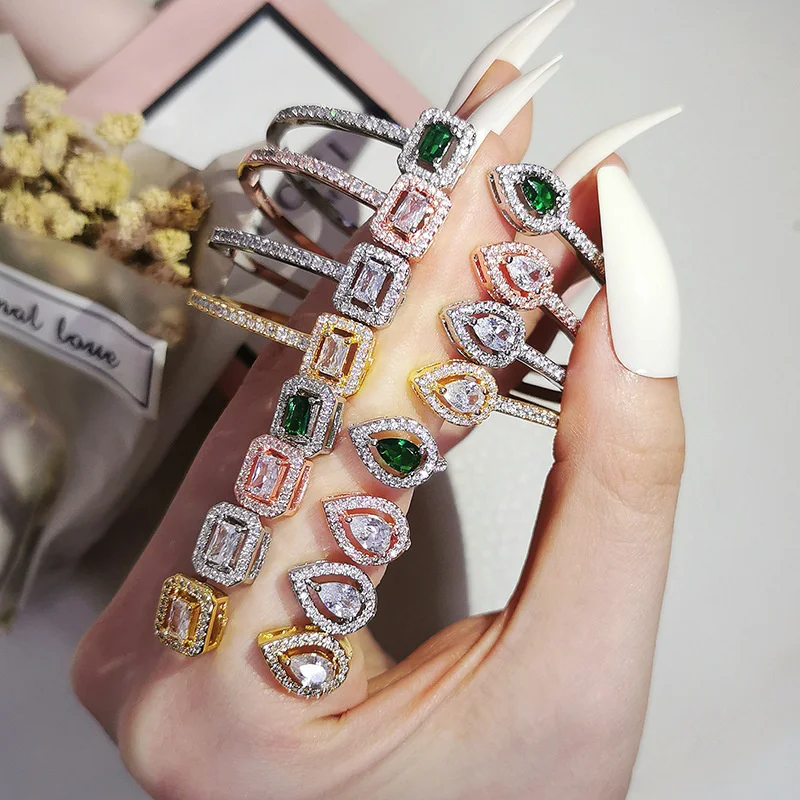 Luxury Brand Full of Rhinestone Zircon Opening Bracelets for Women 2023 New Trendy Shiny High-quality Bracelet Ring Jewelry Set