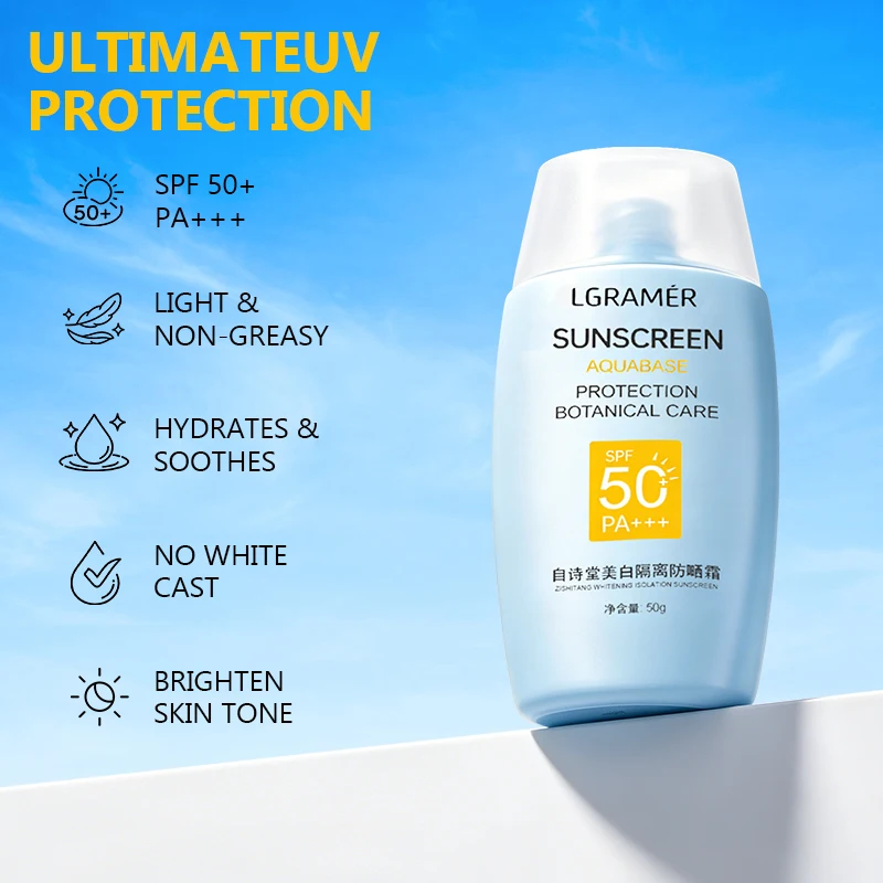 50+ Facial Sunscreen Cream,Refreshing,Sunblock,Non-Greasy,Brightening Skin Color,Women's Korean Moisturizing Protector Care Body