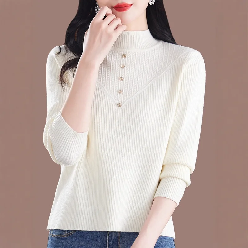 

Sweater Women's Autumn and Winter New Versatile Half-high Neck Button Design Fashionable Loose Warm Base Knitted Sweater