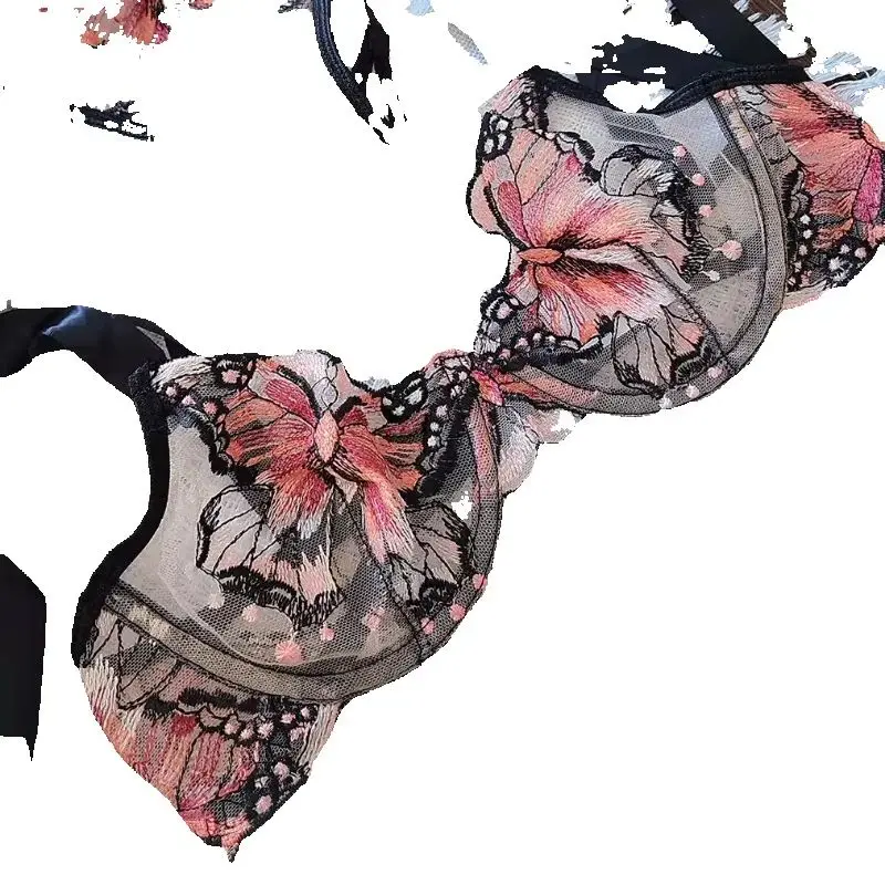 

KUCLUTPopular Hot 2026 Stylish Butterfly Embroidered Sheer Mesh Bra Tie Side Thin Cup Big Bust Shaping Elegant Sexy Lingerie Set