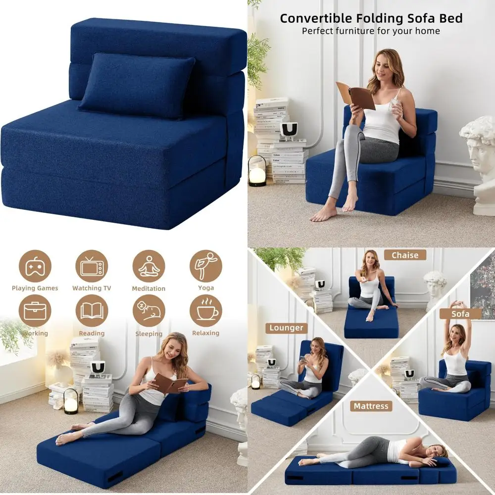 

Modern Linen Fabric Convertible Sofa Bed - Sleeper Chair with Pillow, Foldable Mattress Futon Couch
