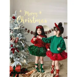 2024 Kids Winter Baby Girl Clothes Cute Fuzzy Ball Red Green Christmas Girls Sweater Princess Pullover Knitted Sweater 80-130cm