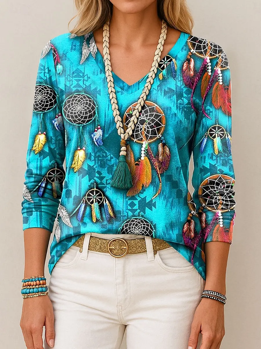 2025 Women's T-Shirt Ethnic Graphic Feather Elegant Fashion Tees Long Sleeve T-shirts V-Neck Regular Tops Pullover Fall Winter