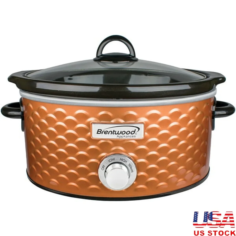 

5-Quart Slow Cooker with Scallop Pattern Ceramic Pot Tempered Glass Lid Durable Metal Body Easy Clean Kitchen Appliance