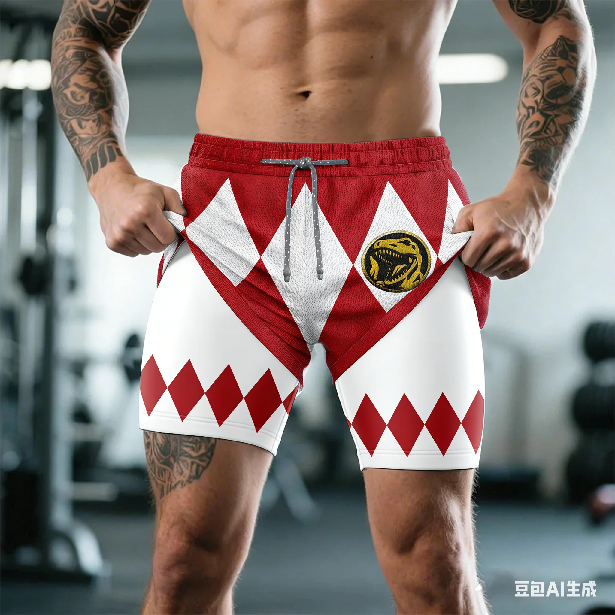 Bandai Periphery Power Rangers Men's Double Layer 2-In-1 Performance Gym Shorts Summer Quick-Dry Comfy Lightweight Beach Shorts