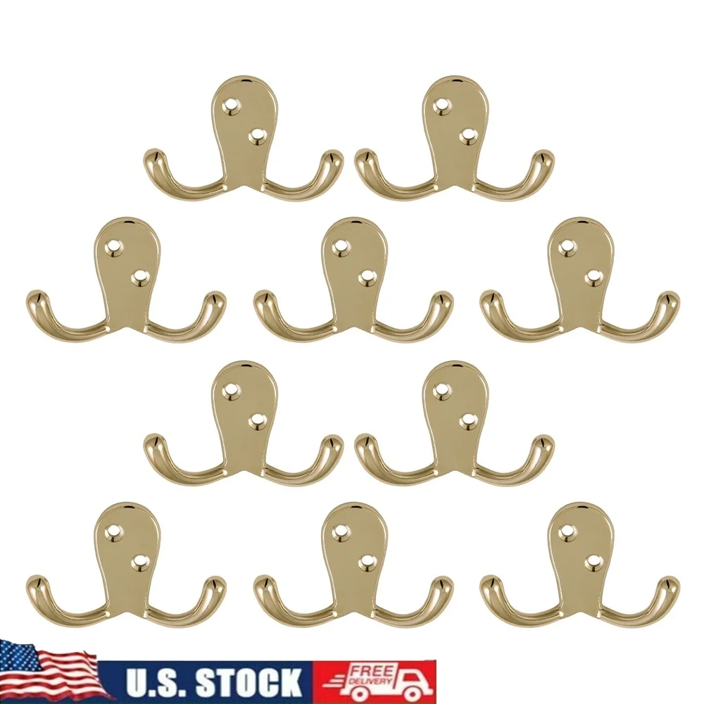 

10 упаковок крючков с двойными зубцами, полированная латунь, полотенца, инструменты, прочная стальная конструкция, простая установка, организация дома