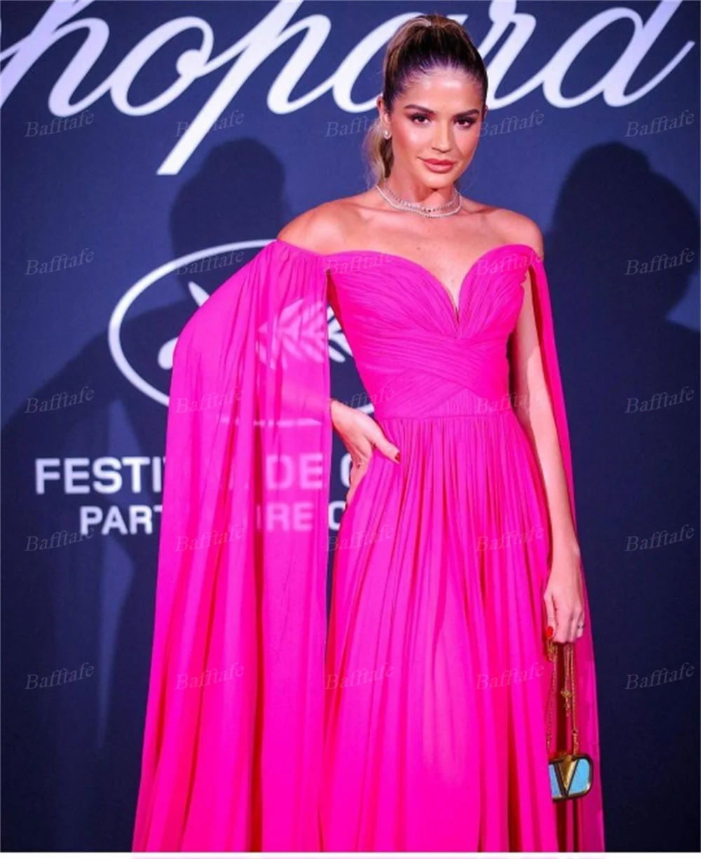 Bafftafe A Line Fuchsia Chiffon Prom Dresses Open Long Sleeves Women Celebrity Dress Off The Shoulder Formal Evening Party Gowns