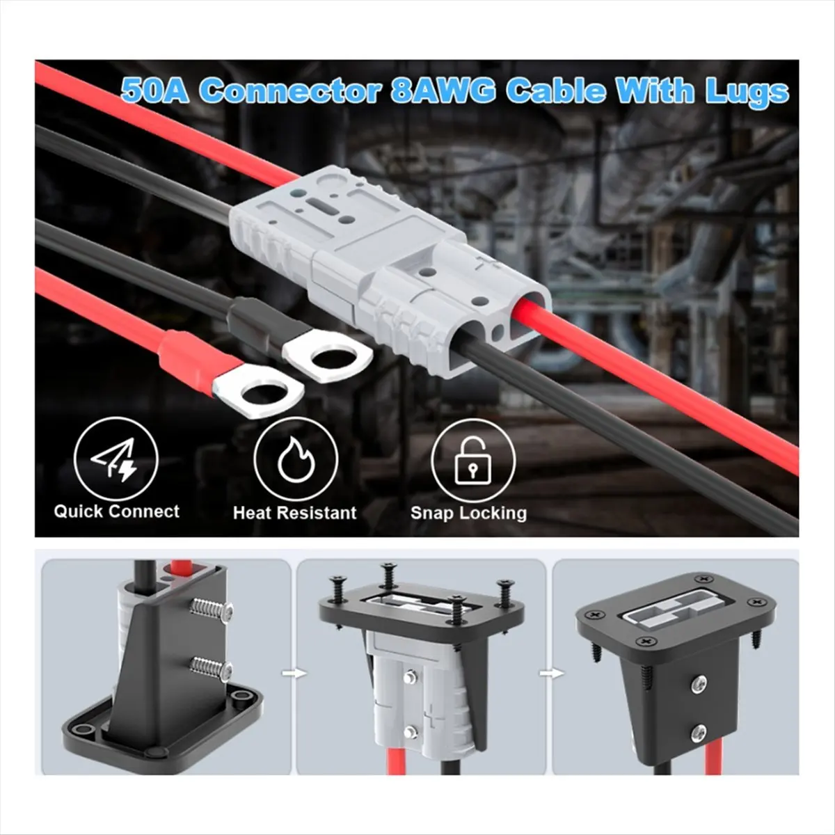 Immagine 7: Connettore di Scollegamento Rapido per Batteria ABFA 50A con Cavo 8AWG e Kit Connettore per Cavo di Prolunga con Staffa di Monta