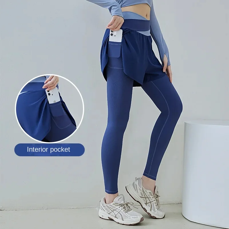 High Stretch Leggings Quick Dry Pants Sports Fitness Pants Women Fake Two Anti-slip Yoga Pants High Waisted Gauze Pocket Pants