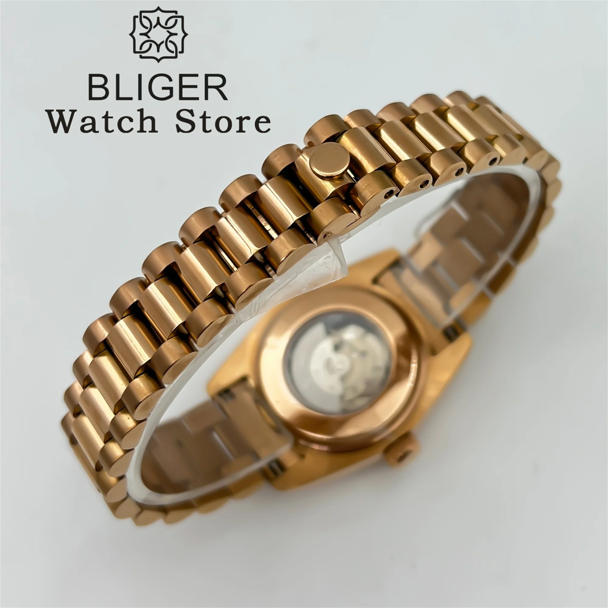 BLIGER 여성용 손목시계, NH05 오토매틱 무브 로즈 골드 시계, 스틸 케이스, 사파이어 사이클롭 플루트 베젤, 비즈니스 소녀 시계, 31mm