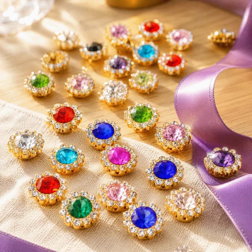 300pcs Assorted Color Rhinestone Buttons Gold Tone Base Bright Finish Sew On Rhinestones Multi Size Glass Rhinestone