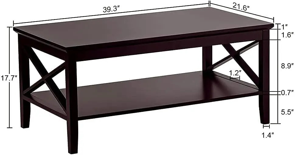 Oxford Coffee Table with Thicker Legs, Espresso Wood Coffee Table with Storage for Living Room 40 inches