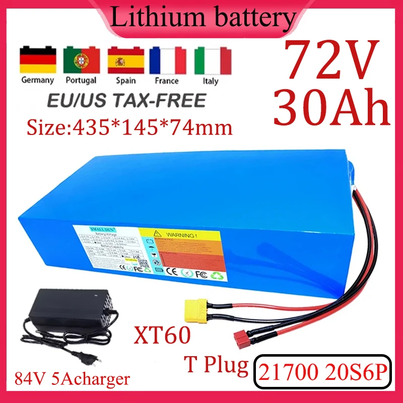 21700 20S6P 72V 30Ah Lithium Battery Pack Rechargeable 0-2800W Motor High Power For 84V E-bicycle Scooter Tricycle +5A Charger