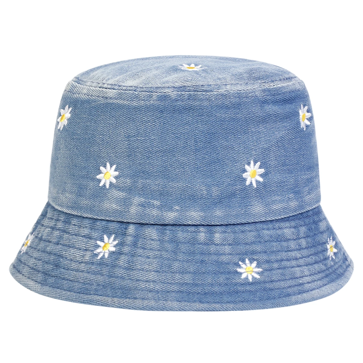 Unisex Daisy Embroidery Denim Bucket Hats Fishermen Caps Outdoor Casual Cap Sunscreen Hat