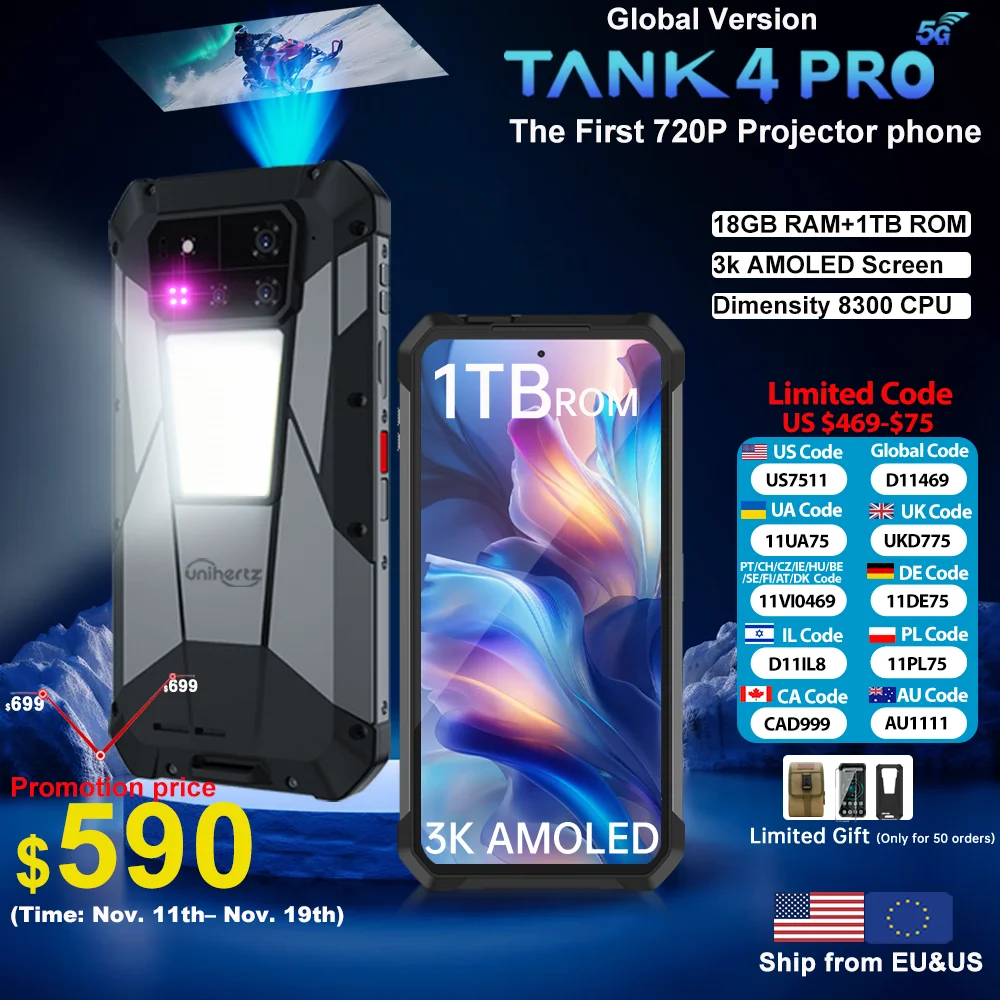 【Estreno mondiale】Unihertz di 8849 Tank 4 pro Smartphone 5G con proiettore 720P Dimensity 8300 36GB+1TB Cellulare 3k AMOLED