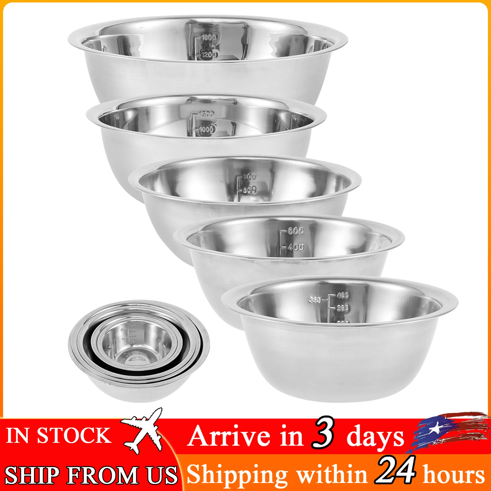 5 Pcs Stainless Steel Mixing Bowl Set Multipurpose Soup Basin 5 Sizes Space Saving Nesting Bowls Set for Kitchen Cooking Baking